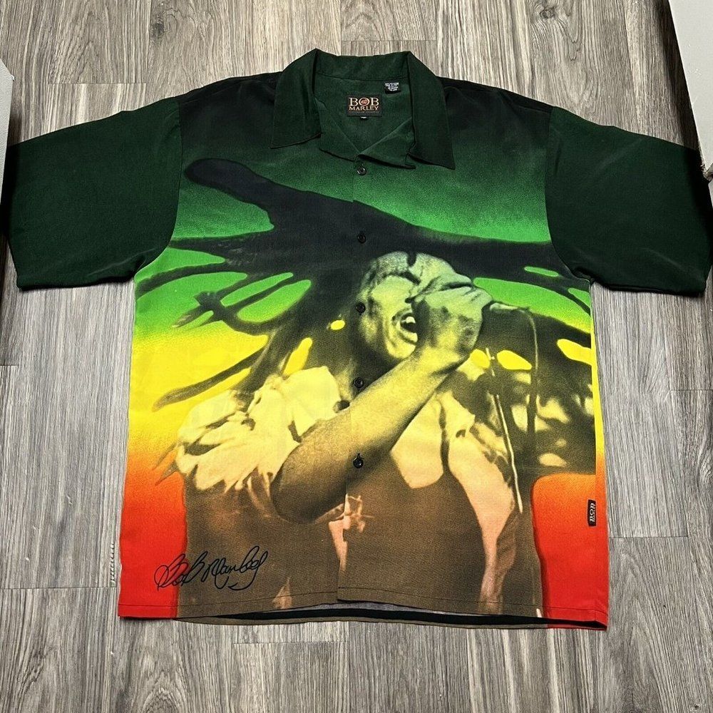 Bob Marley Dragonfly Mens 2XL Button Up Short Sleeve Green Yellow Orange Shirt
